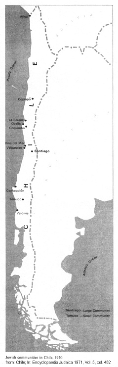Encyclopaedia Judaica 1971: Chile, vol.
                            5, col. 462, map of the Jewish communities
                            in 1970