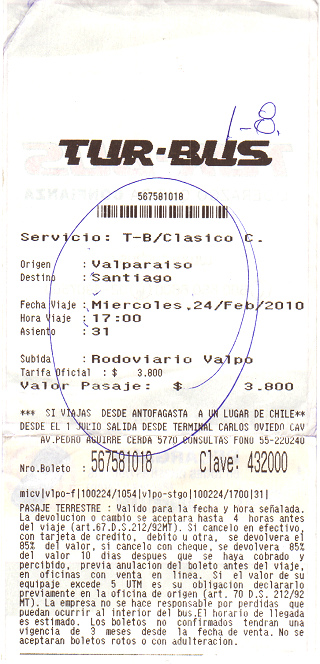 Busticket fr die Strecke
                            Valparaiso-Santiago der Firma Tur-Bus fr
                            den 24. Februar 2010, Abfahrt 17 Uhr vom
                            Terminal Rodoviario Valparaiso, 3800 Pesos
                            (knapp 8 Franken)