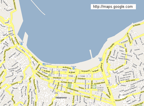 Karte von Valparaiso vom Hafen bis zur
                  Metrostation "Barn" ohne Eisenbahnlinien,
                  nur mit den Metrostationen [Karte 1]. Als
                  Nichtwissender meint man, da sei ein schner Strand.
                  Vielleicht luft die Metro unterirdisch? Und eine
                  Metrostation heisst ja auch "Schne
                  Aussicht" ("Bellavista").