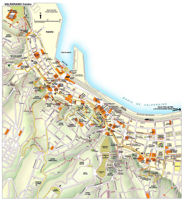 Karte von Valparaiso mit dem Abschnitt
                            vom der Haltestelle "Hafen"
                            ("Puerto") bis zur Haltestelle
                            "Schne Aussicht" ("Bella
                            Vista")