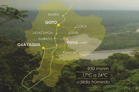 Mapa
                        de Puyo y alrededores, Maca y Tena, y datos de
                        Puyo (950 m.s.n.m., 17C a 24C, clido hmedo)
