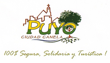 Logotipo de Puyo con
                        una iglesia "cristiana" con un rbol
                        de vida y el poema sobre Puyo: "Puyo,
                        ciudad canela"