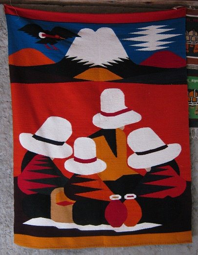 Wandteppich mit vier Klatschtanten,
                          Vulkan, Kondorvogel und Wolke, Nahaufnahme