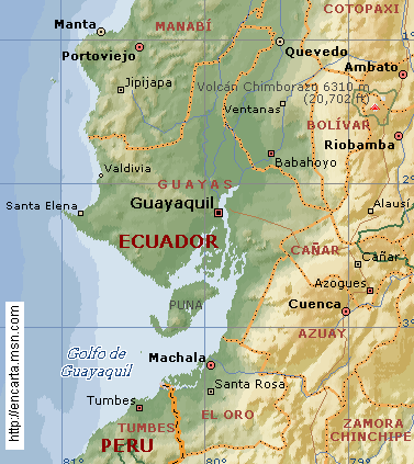 Mapa del cantn de Guayas con
                  Guayaquil y la isla Pua en el Golfo de Guayaquil [7]