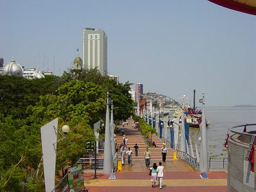 Guayaquil, die "Promenade
                                  2000" ("Malecn 2000"),
                                  eine erhhte Sicht vom Einkaufszentrum
                                  aus mit einer bersicht und dem
                                  Guayas-Fluss (Ro Guayas) [4]