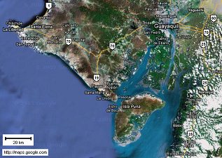 Das Satellitenfoto des Golfs
                                    von Guayaquil mit der Insel Pun.
                                    Hier sieht die Insel etwas kleiner
                                    aus, das Schwnzchen existiert
                                    scheinbar nicht, oder nicht mehr
                                    [11].