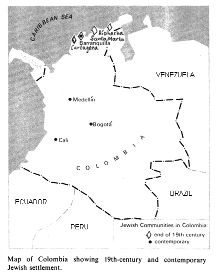 Encyclopaedia Judaica 1971: Colombia,
                vol. 5, col. 744, map of Jewish settlements in Colombia
                at the end of 19th century (Cartagena, Barranquilla,
                Santa Mara, and Rohacha), and in 1970 (Barranquilla,
                Medelln, Cali, and Bogot)