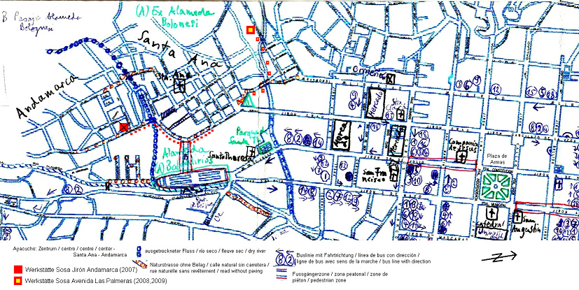 Stadtplan von Ayacucho, von der Plaza
                            de Armas nach Andamarca mit der Werksttte
                            Sosa, Avenida las Palmeras 301, Santa Ana,
                            Ayacucho, Tel. 0051-(0)66 52 62 50 (seit
                            Oktober 2007)