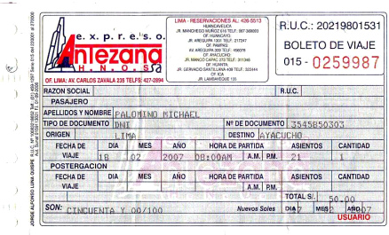 Billete de bus (pasaje) de la empresa de viaje
                Antezana del 18-2-2007 para el viaje de Lima a Ayacucho