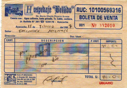 Ayacucho: Boleto del hospedaje Bellido del
                        18-2-2007