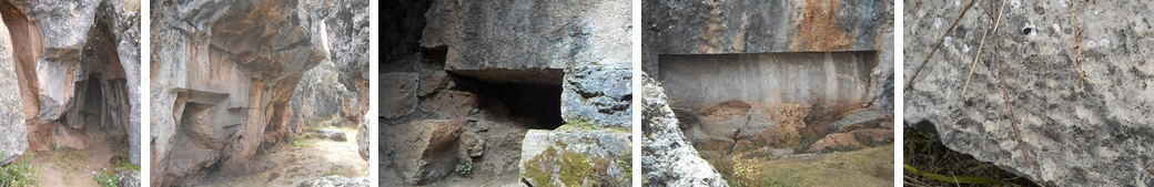 Sacsayhuamn 14,
                                        Zone X (Laq'o, Laco,
                                        Mondtempel): Geschnittene
                                        Felsen, Throne - der rechteckig
                                        gebogene Gigaschnitt - weisser,
                                        gefrster Stein