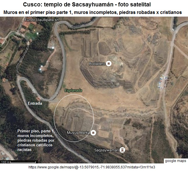 Satellitenfoto der Festung Sacsayhuamn mit der Position der unvolstndigen Basismauern und den 6 Terrassen