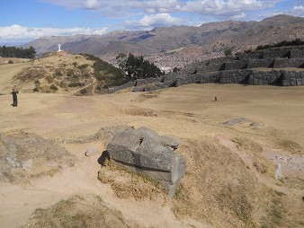 Sacsayhuamn (Cusco), on the flattened hill, cut singular stone of a building with straight and curvy cuts