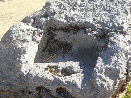 Cusco Sacsayhuamn, Amphitheater: gefrster Stein mit einem Thron auf der Wiese 01, Nahaufnahme des Throns