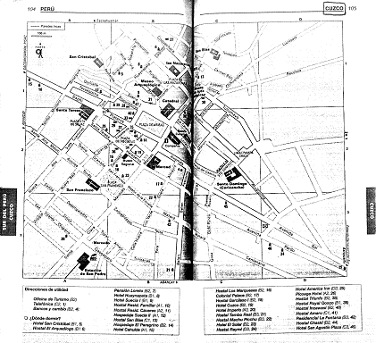 Reisefhrer von Trotamundos, Stadtplan von
                        Cusco mit den Hotels eingezeichnet (Seiten
                        104-105)