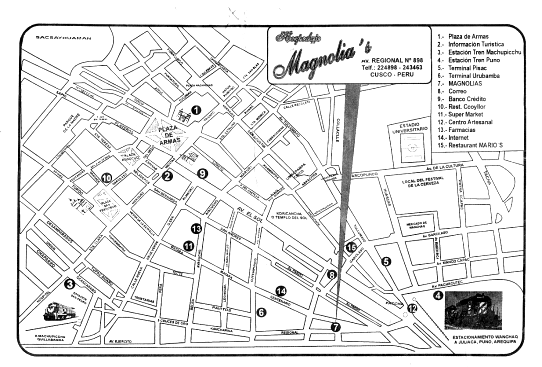 Faltblatt der Herberge (hospedaje)
                        Magnolia's 02 mit einer Karte