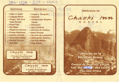 Faltblatt des Hostal Chaski Inn mit dem
                        Angebot und Preisen