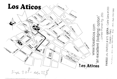 Faltblatt des Hostal Los Aticos, Karte und
                        Preise