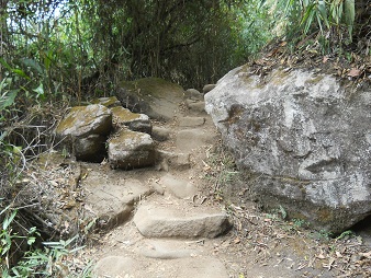 Spaziergang zum Hausberg Huaynapicchu: Treppen
                    und Gigasteine