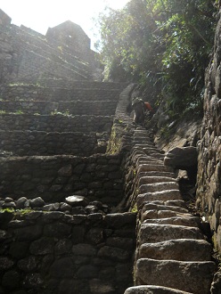 Der Abstieg von Huaynapicchu, steile,
                    unregelmssige Treppe mit Touristen auf allen Vieren
                    - da fehlt ein Sicherheitsseil