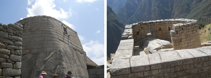 Machu Picchu, der Sonnentempel, die
                                Aussenmauer- und die Sicht von oben ins
                                Innere