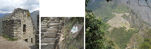 Die Rckkehr vom
                                Hausberg Huaynapicchu: Huschen,
                                unregelmssige Treppen, Aussicht