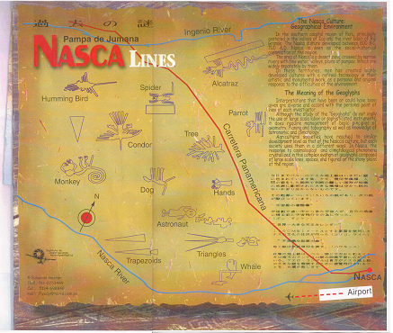 Map with the Nazca lines from the poster of FlyEdi
                with indications in English or Spanish, with a text in
                English and Japanese.