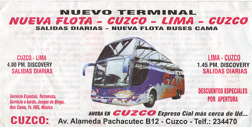 Busfirma Cial Flugblatt 01, Angabe von
                        Terminal und Zeiten in Lima und in Cusco