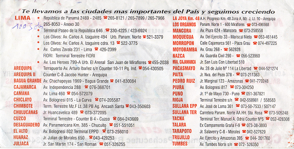 Busfirma Cial Flugblatt 02, Angabe aller
                        Terminals in Per und Preisangabe fr die
                        Strecke Cusco-Lima 100 Soles