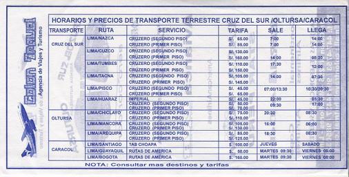 Flugblatt mit Busfirmen und
                        Fluggesellschaften, die in Peru operieren,
                        Rckseite: Fahrplanauszug der Busgesellschaften
                        Cruz del Sur, Oltursa und Caracol