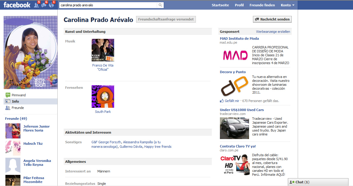 Carolina Prado Arvalo en
                        Facebook declarndose "single"
                        buscando hombres (Mnner), 17 de marzo 2011