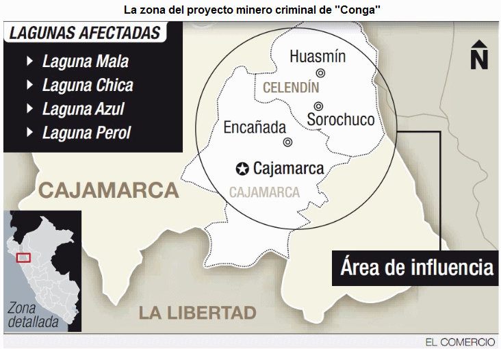 Mapa con la
              regin afectada por el proyecto minero criminal de
              "Conga". Lagunas afectadas son Laguna Mala,
              Chica, Azul y Perol.