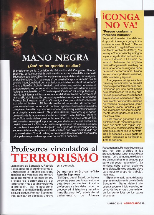 La
                        revista "As declaro" indica sobre el
                        proyecto "Conga" en la pgina 19 que
                        "Conga no va"