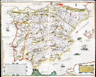 Karte von Spanien
                                        um 1600 mit Huelva und Palos
                                        (links unten) und Bayona (rechts
                                        oben, heute Bayonne)