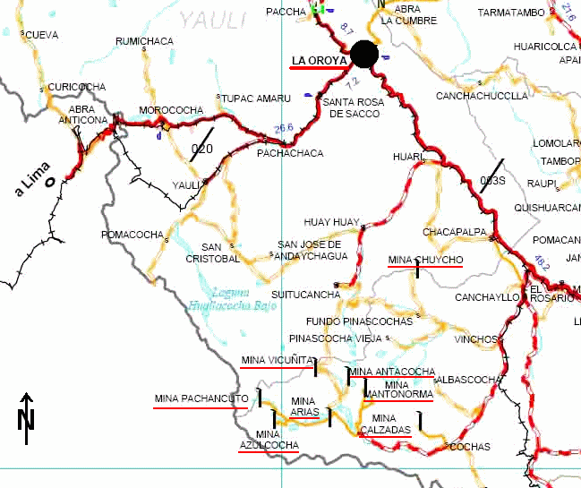 Karte 02: La Oroya mit Minen: Mine Chuycho,
                      Mine Vicuita, Mine Pachancuto, Mine Arias, Mine
                      Azulcocha, Mine Antacocha, Mine Mantonorma, Mine
                      Calzadas.
