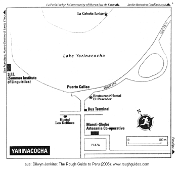 Map of Yarinacocha lake with tourist
                          indications: Puerto Callao, Restaurant /
                          Hostal El Pescador ("The
                          Fisherman"), Bus Terminal, Hostal Los
                          Delfines ("The Dolphines"), the
                          Maroti-Shobo Artesana Co-operative, the
                          Summer Institue of Linguistics (SIL), and the
                          Cabaa Lodge only reachable by boat.