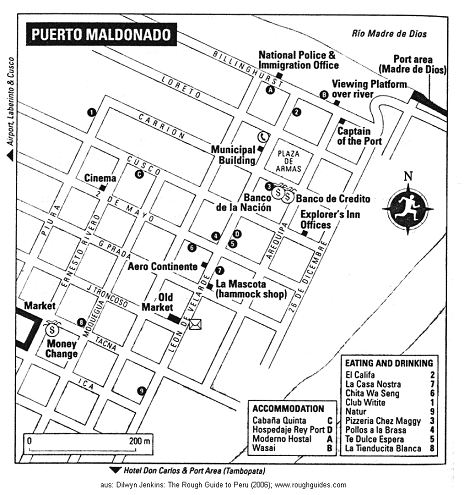 Map of the center of Puerto Maldonado
                          with it's grid pattern and tourist
                          indications